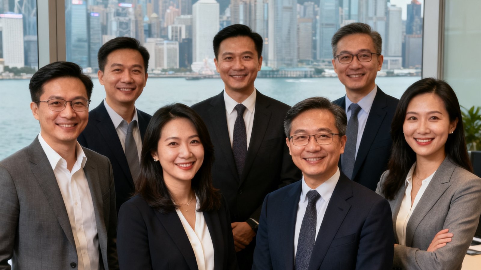 银河贵宾汇GALAXY六位创始合伙人在香港中环办公室的合影，背景是维多利亚港的壮丽天际线，团队成员面带自信微笑，穿着专业商务装，展现出深厚的行业积淀与凝聚力