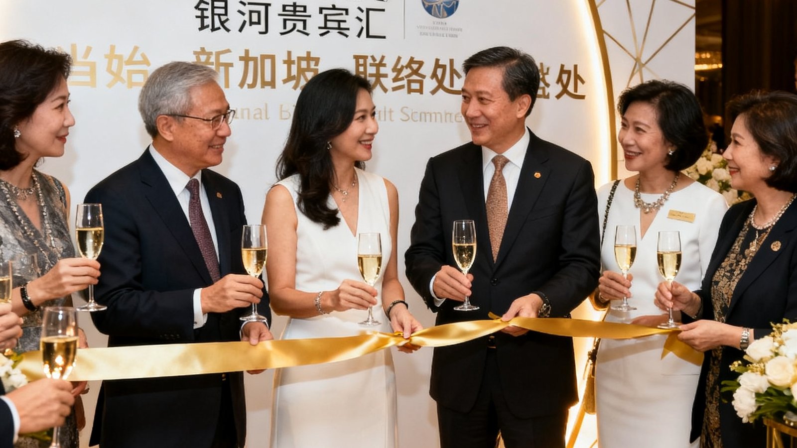 银河贵宾汇GALAXY新加坡联络处开幕仪式，创始团队与当地商界领袖共同剪彩，现场布置以白色和金色为主调，宾客们手持香槟杯交谈