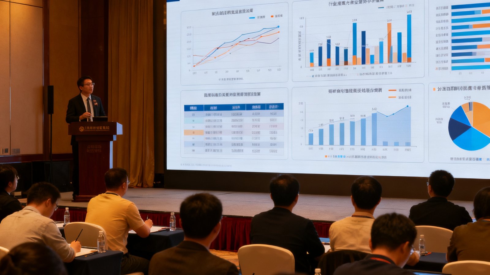 第38期行业白皮书发布活动现场，研究总监陈启源在讲台上做主题演讲，大屏幕上展示着复杂的行业数据分析图表，台下坐满了认真记录的参会者