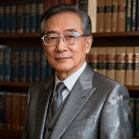 一位五十岁左右男性企业家的半身照，他戴着银框眼镜，穿着灰色高定西装，站在书架前，书架上整齐排列着商业管理类书籍，气质儒雅沉稳