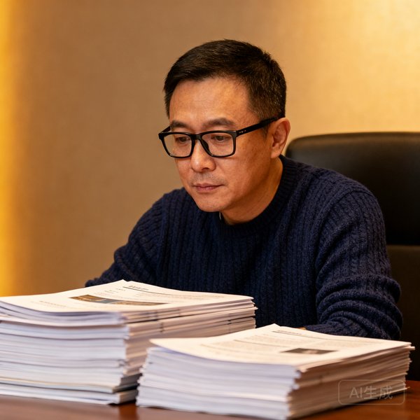 银河贵宾汇联合创始人陈启源先生肖像，他四十岁出头，戴着黑框眼镜，穿着深蓝色针织衫，坐在堆满研究报告的书桌前，专注而深思